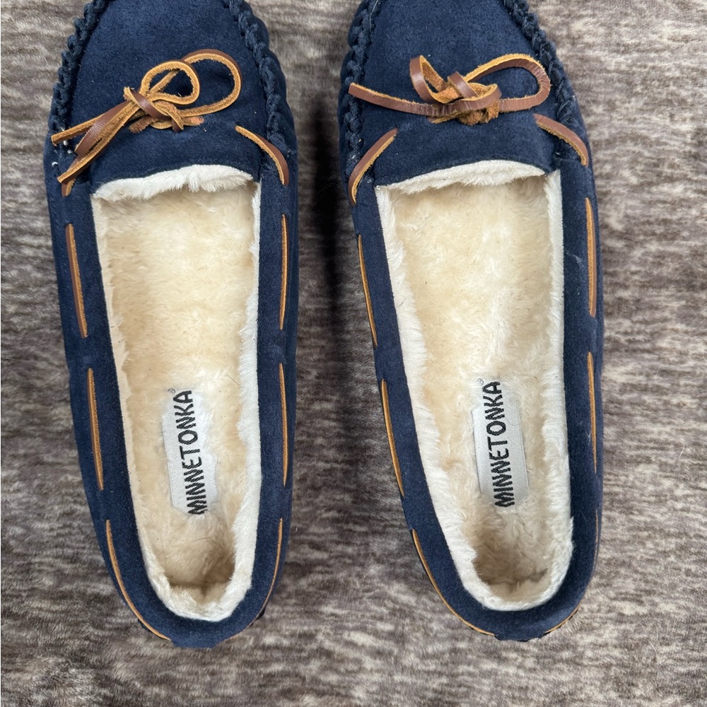 Minnetonka Navy Suede Moccasins with Tan Leather Lacing
